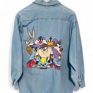 Vintage 90s Looney Tunes Denim Shirt with Cartoon Characters